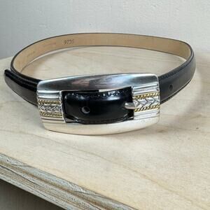Enmon Women’s Belt Black Burnished Leather Thin Silver Buckle Western Small